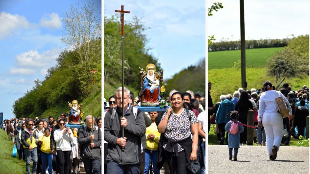 Collage of photos showing procession along the Holy Mile