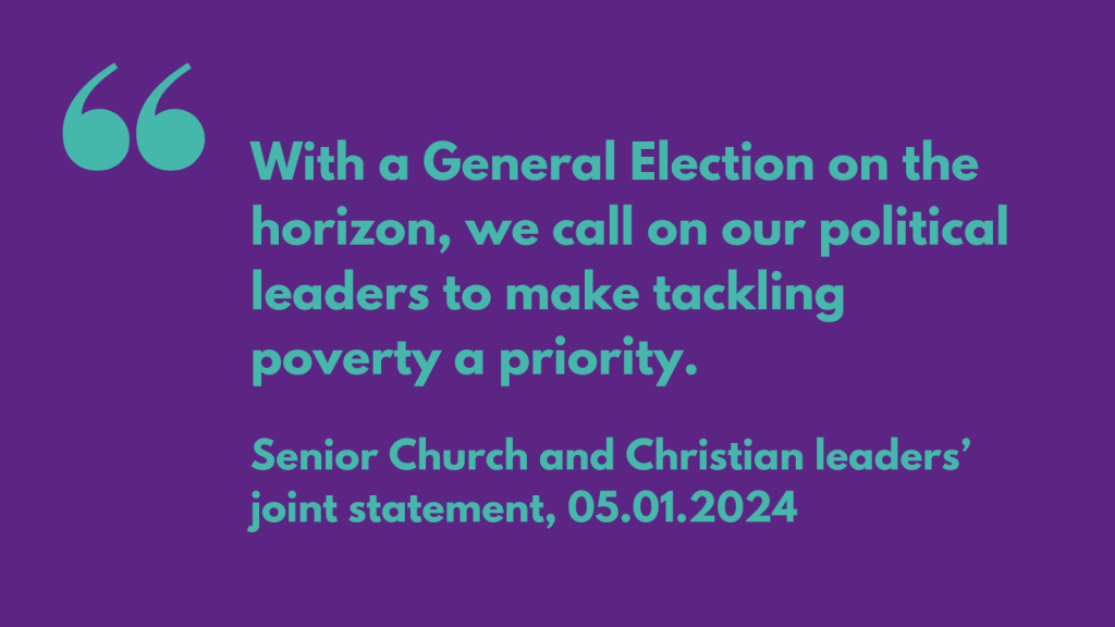 Purple background and blue text detailing quote from the letter: "With a General Election on the horizon, we call on our political leaders to make tackling poverty a priority"