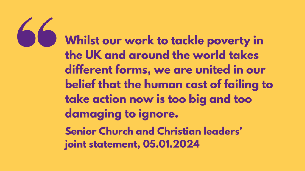 Yellow background with purple text, saying: "Whilst our work to tackle poverty in the UK and around the world takes different forms, we are united in our belief that the human cost of failing to take action now is too big and too damaging to ignore."