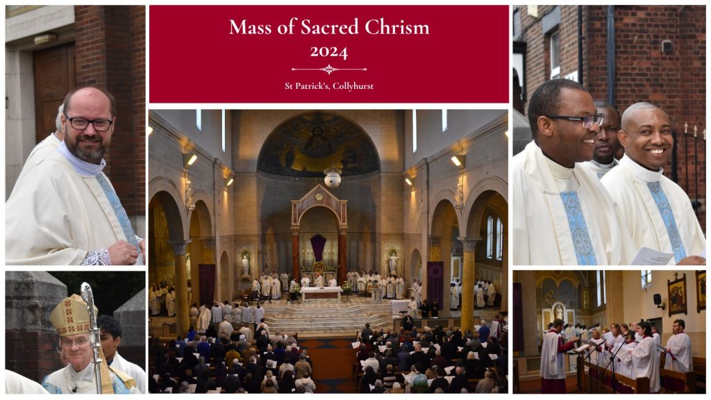 Collage of photos showing urns, priests processing, and celebration of Chrism Mass