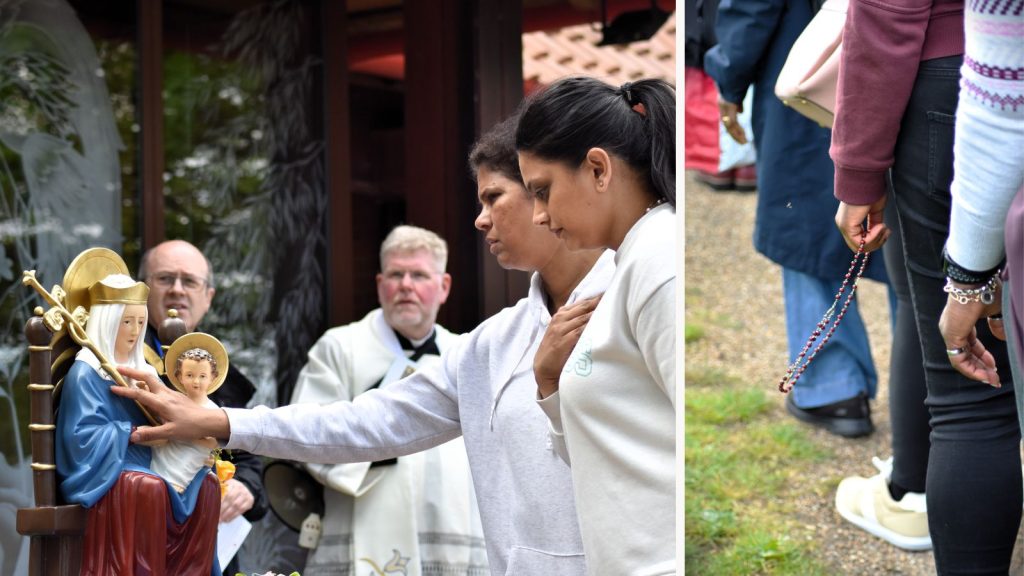 Photo shows pilgrims honouring Our Lady; Second photo shows person carrying the Rosary