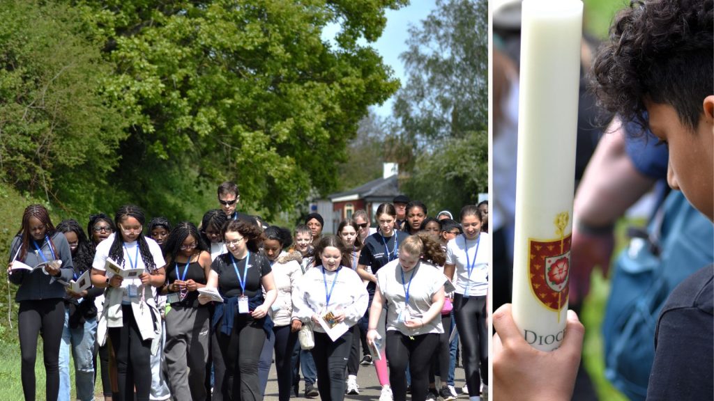 First photo shows youth pilgrims processing along the Holy Mile; second image shoes a young person holding diocesan candle