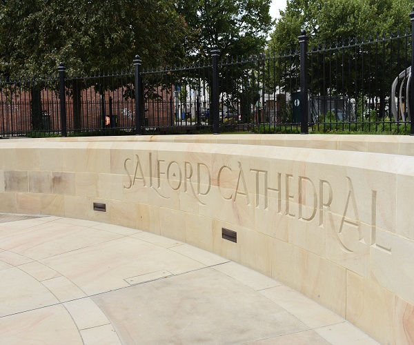 Salford Cathedral is engraved on a wall in the new piazza
