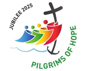Jubilee Logo shows four shapes in blue, green, orange, and red, which look like people holding a cross but also like sails of a ship. Underneath, there are waves and an anchor - the symbol of the 2025 Jubilee. In the top left are the words "Jubilee 2025" and bottom right are the words "Pilgrims of Hope"