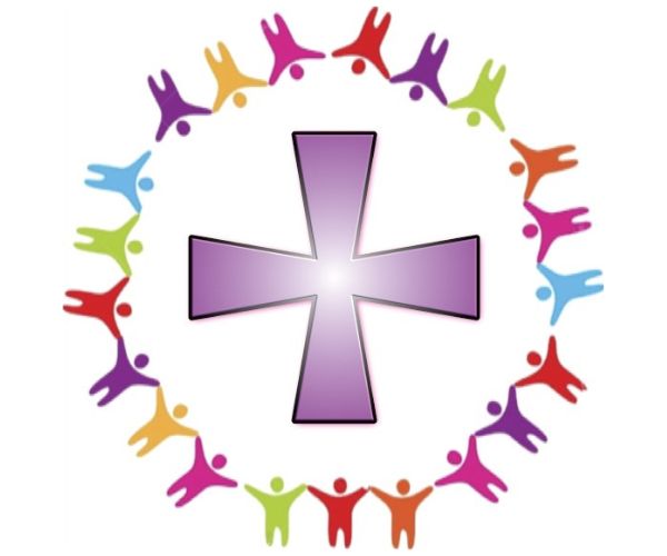 A purple cross is in the centre of the image with multicoloured people-shaped graphics forming a circle around