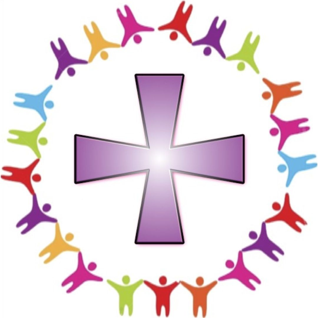 A purple cross is in the centre of the image with multicoloured people-shaped graphics forming a circle around