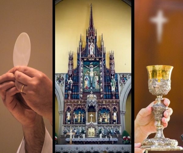 Three images depicting Mass and the ornate altar of a side chapel at St Alban's