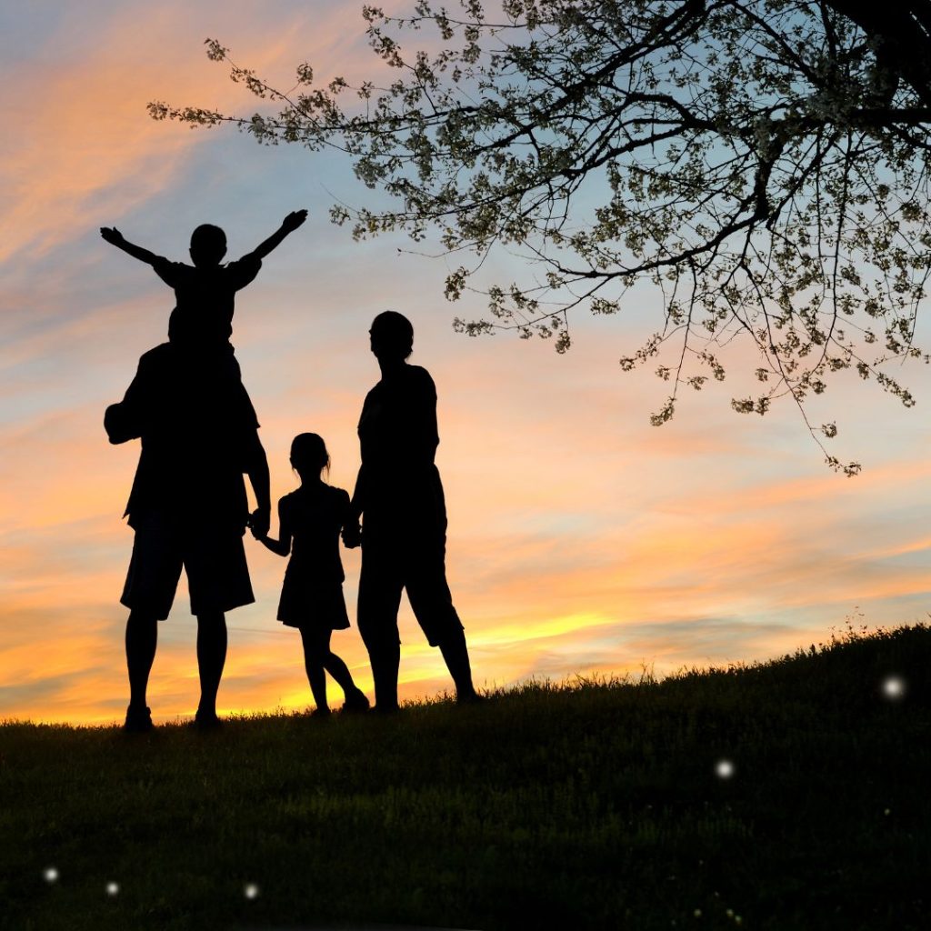 Silhouette of a family enjoying the outdoors at sunset