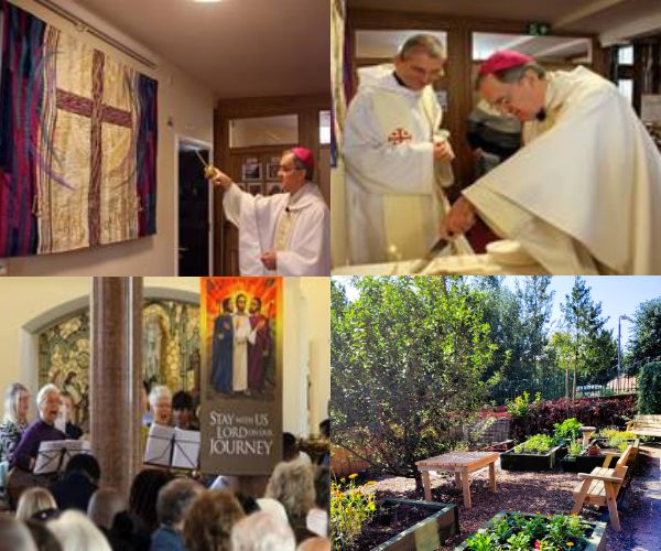 A collage of photos from the anniversary Mass: Photo 1 shows Bishop John blessing the wall hanging, which has purple and pink sides, a cream-coloured middle, with a brown cross at the centre; Photo 2 shows Bishop John cutting a white cake with Fr Chris standing by; Photo 3 shows the heads of members of the congregation from the back, watching the choir singing next to a banner depicting the Road to Emmaus with the words 