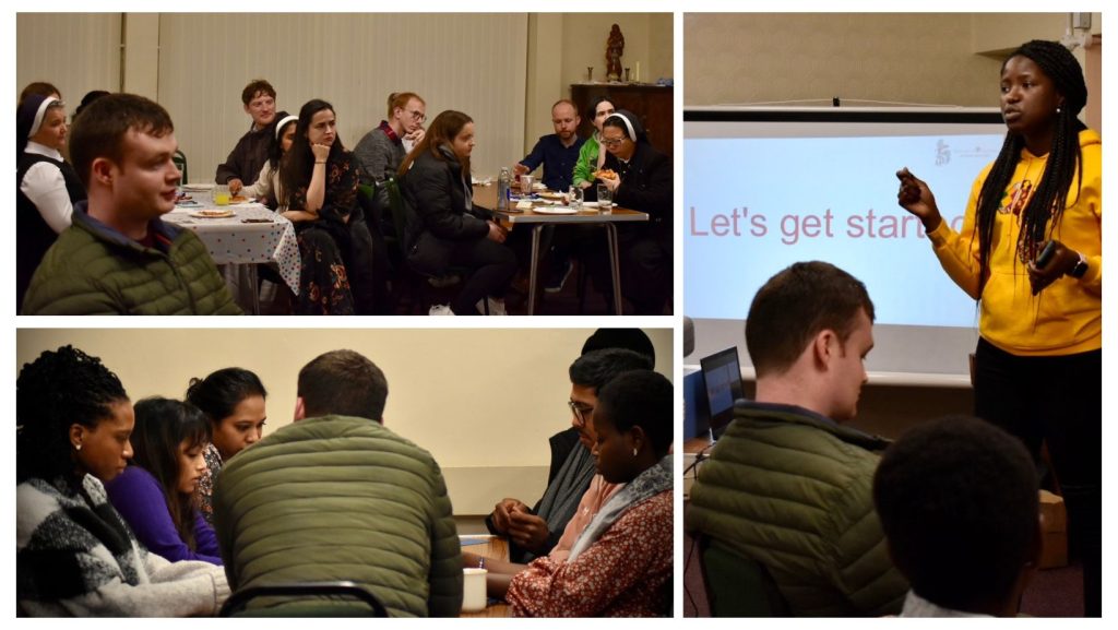Collage of three photos showing small groups of young adults sitting round tables in discussion and Young Adult Synod Member Maureen Usiagwu leading the session