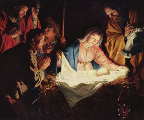 A painting of the Nativity with Our Lady looking down at the newborn Jesus, shining brightly, as St Joseph and the shepherds look on