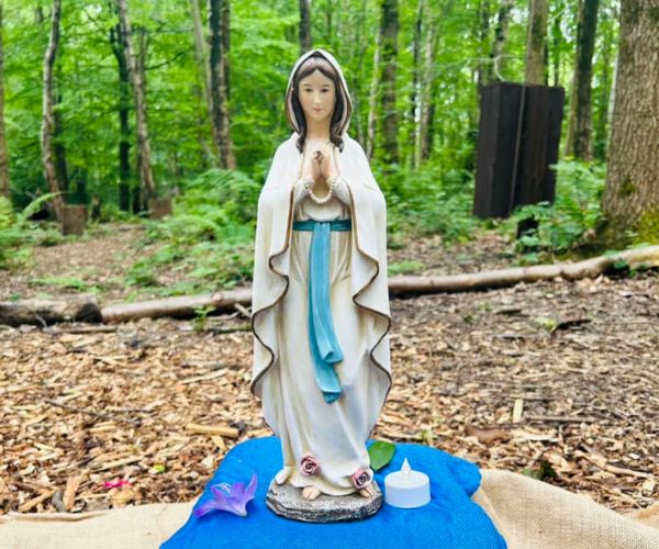 A small statue of Our Lady set against the trees and leafy floor of the woodland